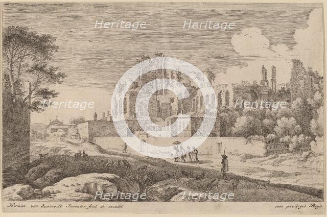 Landscape with Ruins and a Woman with a Parasol. Creator: Herman van Swanevelt.