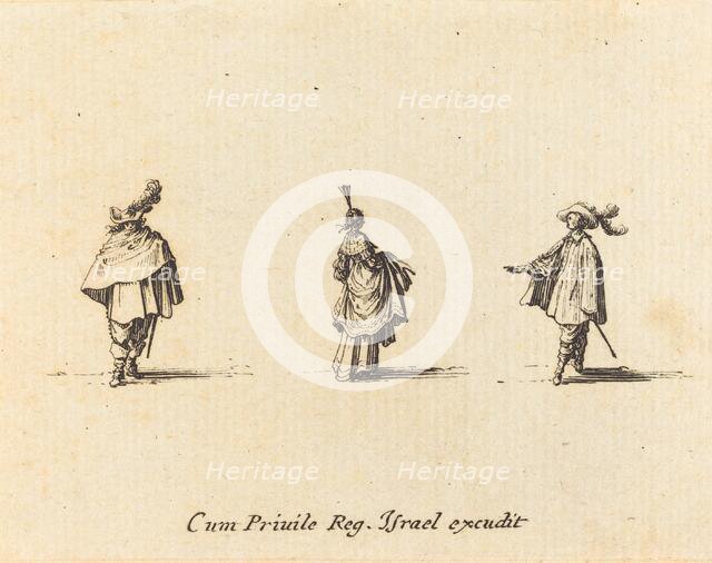 Lady with Dress Gathered Up, and Two Gentlemen, probably 1634. Creator: Jacques Callot.