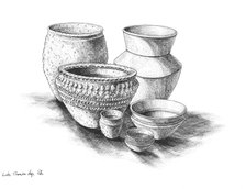 Group of pots from late Bronze Age Britain. Artist: Peter Dunn.