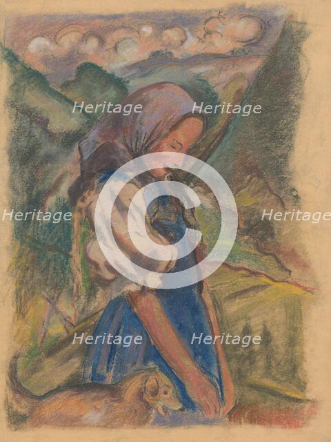 Girl with a dog in the countryside, 1930-1935. Creator: Arnold Peter Weisz-Kubincan.