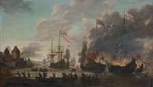 The Dutch Burning English Ships during the Dutch Raid on the Medway, 20 June 1667, 1667-1669. Creator: Jan van Leyden.