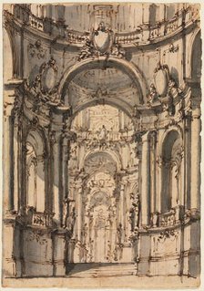 Design for a Stage Set: Interior of a Palace with Arcades, mid 1700s. Creator: Giovanni Battista III Natali (Italian, 1698-1765).