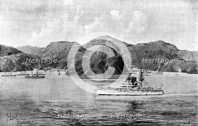 The Chinese Question: H.M.S. "Centurion" passing Talien-Wan Bay, now occupied by Russia, 1898. Creator: George Meisenbach.