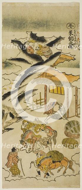 Winter: Storing Rice (Fuyu: kome osame no zu), No. 4 from the series "The Four Seasons..., c. 1730s. Creator: Torii Kiyomasu.