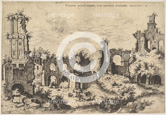 View of ruins on the Palatine Hill with trabeated facade at left and arcades at center, fr..., 1550. Creator: Hieronymus Cock.