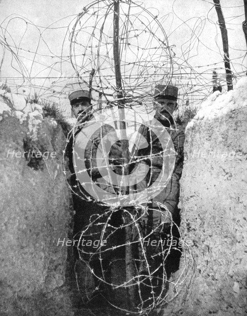 Barbed wire surrounding a French trench, World War I, 1915. Artist: Unknown