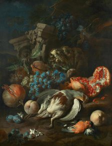 Piece of fruit with dead partridge and bullfinch, 1720. Creator: Franz Werner von Tamm.