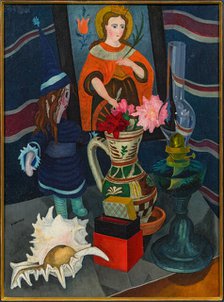 Still life with lamp, shell, doll and reverse glass painting, 1925. Creator: Wacker, Rudolf (1893-1939).