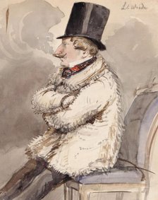 Man in fur jacket and top hat sits at the far end of a chair "L. Wiede". (c1850s). Creator: Fritz von Dardel.