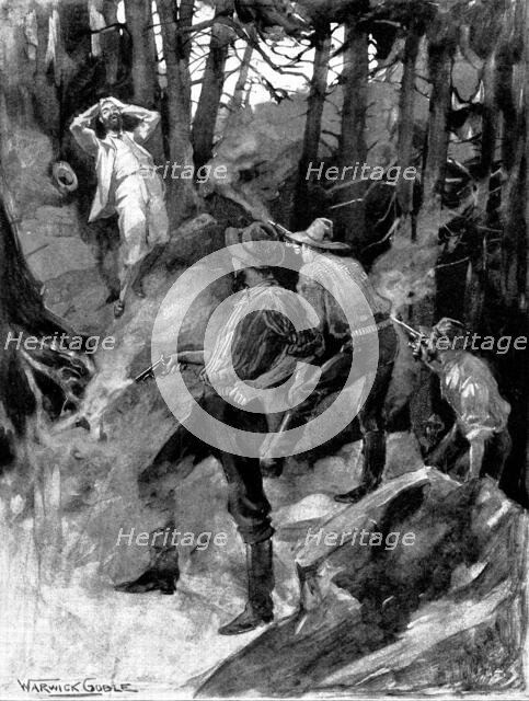 How Justice Works: Three revolvers cracked forth death. Each bullet came true to its mark, 1898. Creator: Unknown.