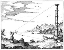 Using a cross-staff to measure the height of a tower, 1617-1619. Artist: Unknown