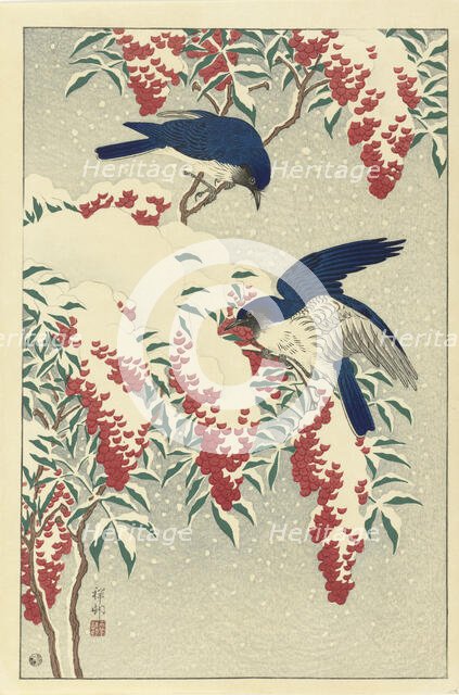 Flycatchers on the sacred bamboo, 1925-1936. Creator: Ohara, Koson (1877-1945).