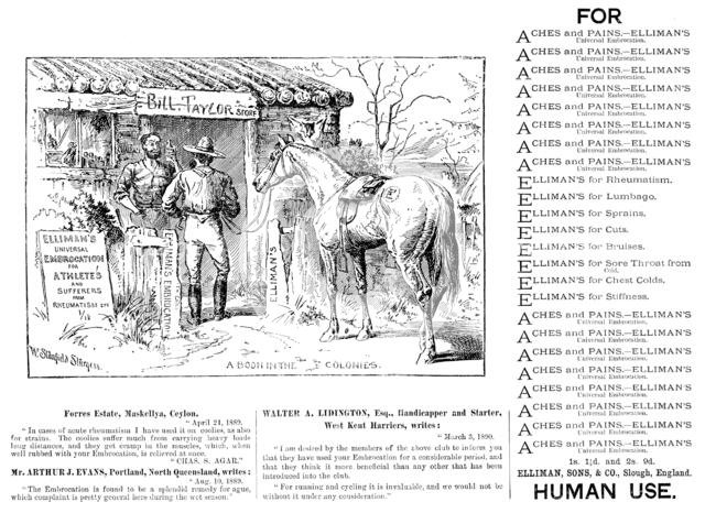 Advertisement for Elliman’s Universal Embrocation, 1890. Creator: William Stanfield Sturgess.