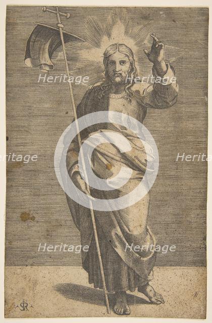Christ standing facing forward, holding a cross with a banner and raising his left ..., ca. 1515-27. Creator: Marco Dente.