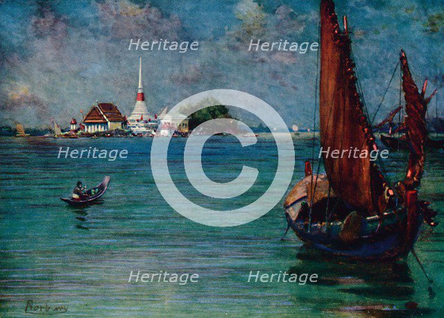 'A Fishing Boat Off the Island Pagoda of Paknam', 1913. Artist: Edwin Norbury.