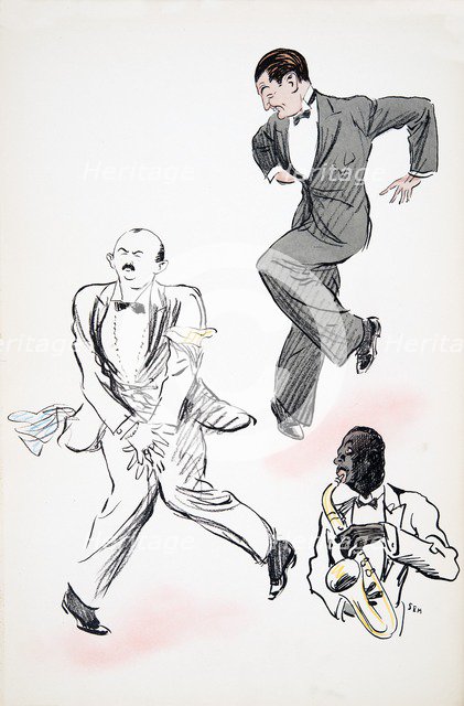 Two gentleman in black tie dancing to jazz, played by a musician on the saxophone, from 'White Botto