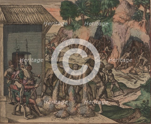 Slaves pour ore in front of European soldiers. In the background, slaves work in the mines, 1595. Creator: Bry, Theodor de (1528-1598).