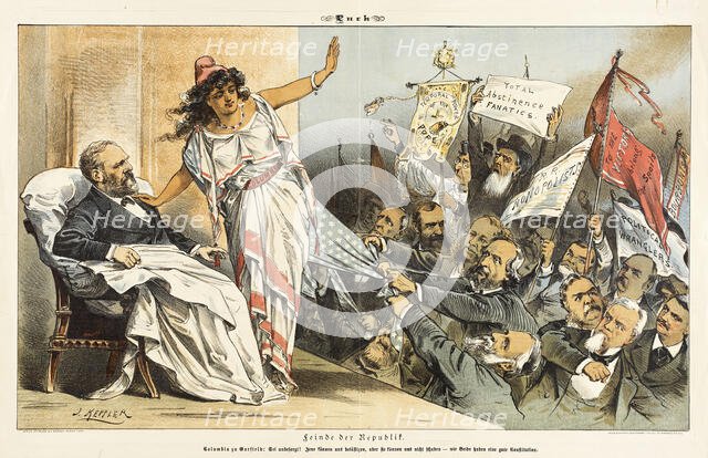 Feinde der Republik..... Cartoon from Puck, between 1880 and 1889. Creators: Joseph Keppler, Bernhard Gillam.