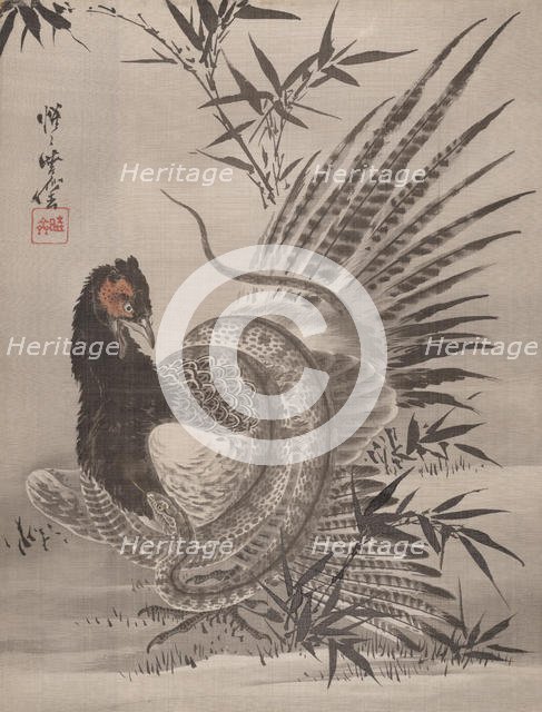 Pheasant Caught by a Snake, ca. 1887. Creator: Kawanabe Kyosai.