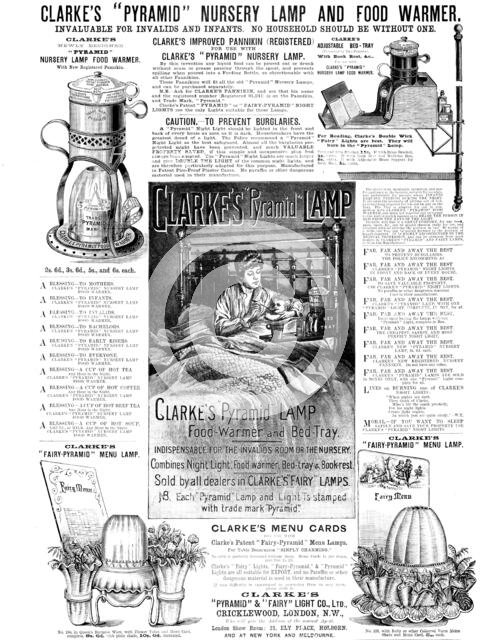 Advertisement for Clarke's "Pyramid" & "Fairy" Light Co. Ltd., 1890.  Creator: Unknown.