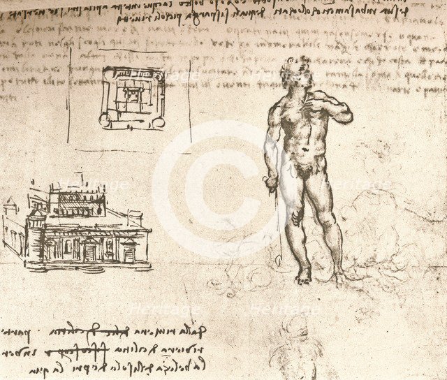 Drawing of plans for a castle, and of a nude figure, washed with Indian ink, c1472-c1519 (1883). Artist: Leonardo da Vinci.
