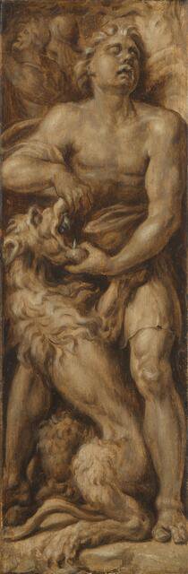 Samson Rending the Lion, c.1550-c.1560. Creator: Maerten van Heemskerck.