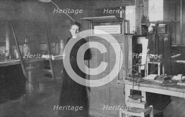 Marie Curie, Polish-born French physicist, in her laboratory, 1912. Artist: Unknown