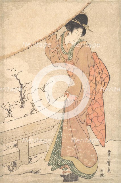 A Young Woman in a Snow Storm Carrying a Heavily Snow-Laden Umbrella, ca. 1802.. Creator: Utagawa Toyohiro.