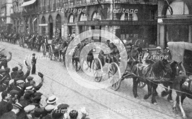 British Horse drawn artillery in Rouen, France, August 1914, (1926). Artist: Unknown