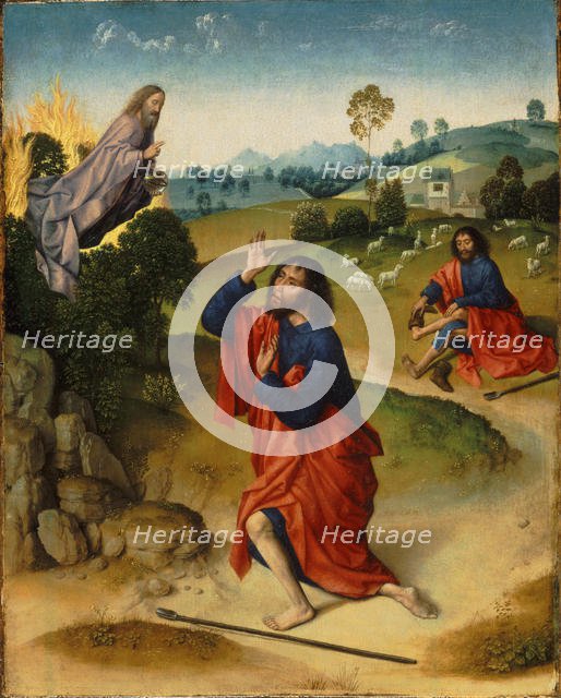 Moses and the Burning Bush, with Moses Removing His Shoes, ca 1465. Artist: Bouts, Dirk (1410/20-1475)