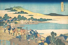 Fukui Bridge in Echizen Province (Echizen Fukui no hashi), from the series Remarkable ..., ca. 1830. Creator: Hokusai.