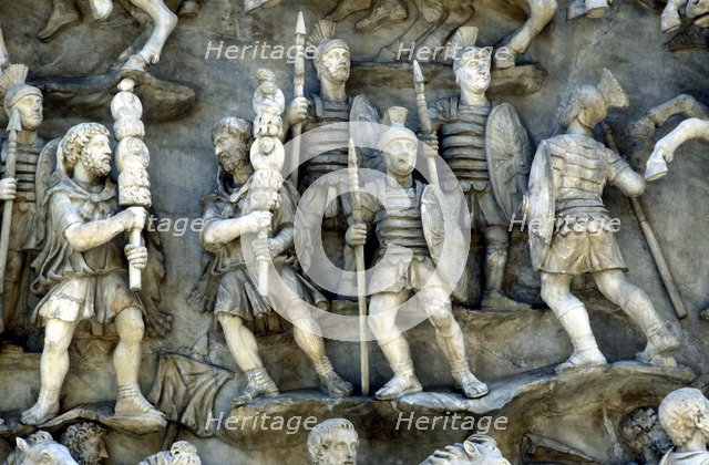 Roman soldiers taking part in decursio, the ritual circling of funeral pyre, c180-196. Artist: Unknown