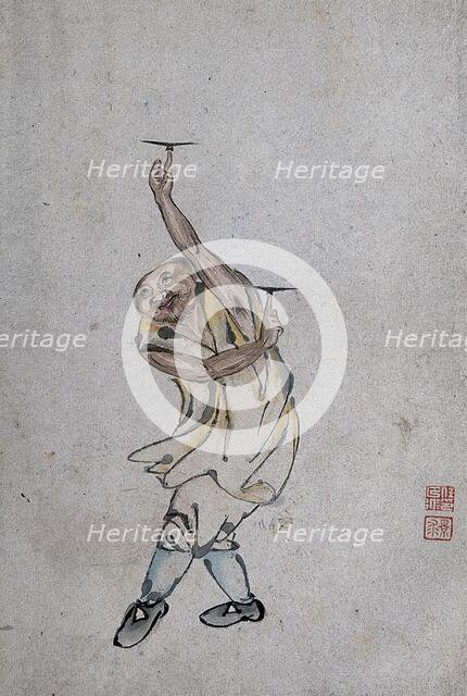 A Chinese man spinning plates on his index fingers, (between 1800 and 1899?). Creator: Unknown.