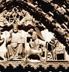 Detail of the Sculptures of the tympanum in the door of the Sarmental, Burgos Cathedral, Christ d…