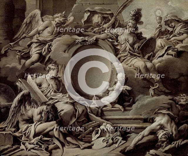 Project for a Cartouche: An Allegory of Minerva, Fame, History and Faith Overcomin..., c1727. Creator: Francois Boucher.