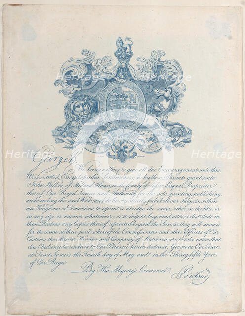Royal Licence and Copyright for Encyclopaedia Londinesis, 19th century., 19th century. Creator: Anon.