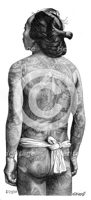 Japanese man with a tattooed back, 1895.Artist: Charles Barbant