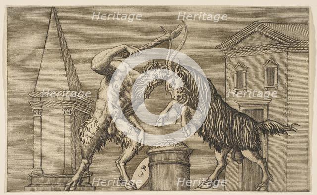 A satyr and a ram attacking each other, the satyr wielding a club with his right ha..., ca. 1515-27. Creator: Marco Dente.
