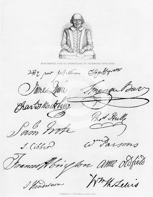Bust of Shakespeare and signatures of celebrated actors, (1840). Artist: Unknown