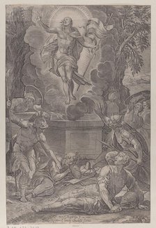 The Ressurection, with soldiers in various stages of wakefulness in front of the tomb, ..., 1565-83. Creator: Martino Rota.