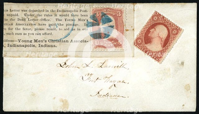 Union YMCA paid postage in lieu of old stamp on cover, 1861. Creator: Unknown.