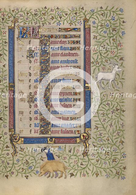 Calendar Page for December: Slaughtering Pigs: Capricorn; Book of Hours, about 1410. Creator: Unknown.
