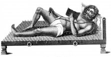 Hindu philosopher Pararum Soatuntre Perkasanund reclining on a bed of iron spikes, 1811. Artist: Unknown