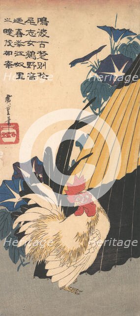Rooster, Umbrella, and Morning Glories, ca. 1830., ca. 1830. Creator: Ando Hiroshige.