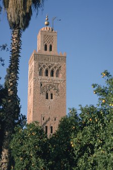 Minaret of the Koutoubia Mosque, Marakesh, Morocco. 