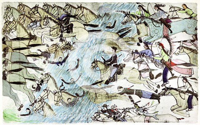 American cavalry retreating across a river pursued by Native American warriors, c1900. Artist: Amos Bad Heart Buffalo