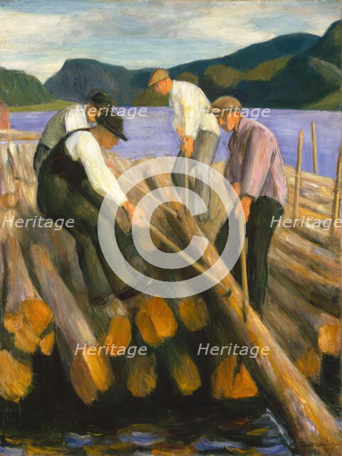 Men working on a Timber Boom, 1938. Creator: Erik Werenskiold.