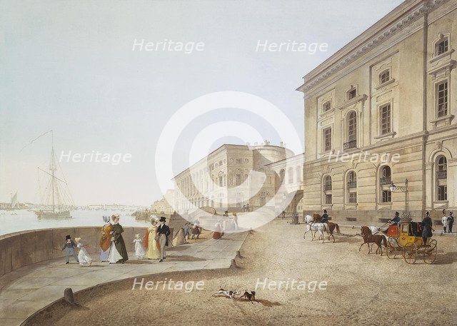 View of the Neva Embankment by the Old Hermitage Building, 1824. Artist: Beggrov, Karl Petrovich (1799-1875)