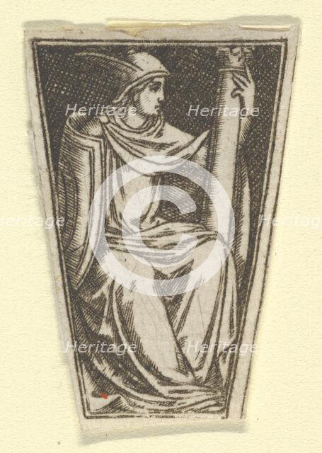 The cardinal virtue of Fortitude represented by a seated woman, her right hand on..., ca. 1480-1520. Creator: Anon.