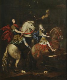 Equestrian portrait of Charles Emmanuel II of Savoy (1634-1675) with his son Victor... , c1675. Creator: Brambilla, Giovanni Battista (active 1770).